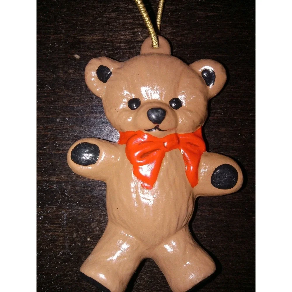 LOT OF 5 VTG Teddy Bear Christmas Ornament Red Bow Ceramic Grandmacore 1980s‎